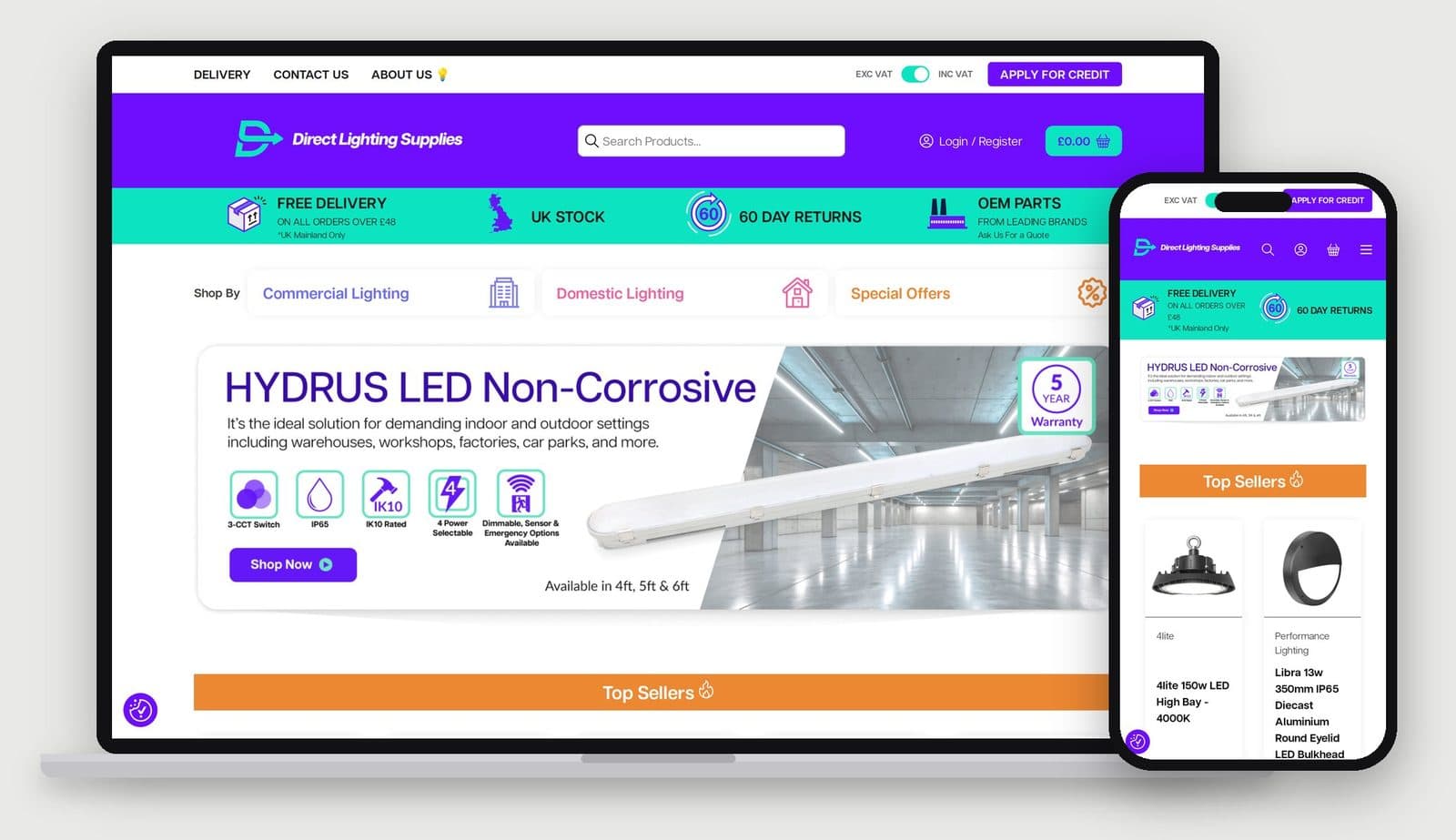 Direct Lighting Supplies website on a laptop and a phone
