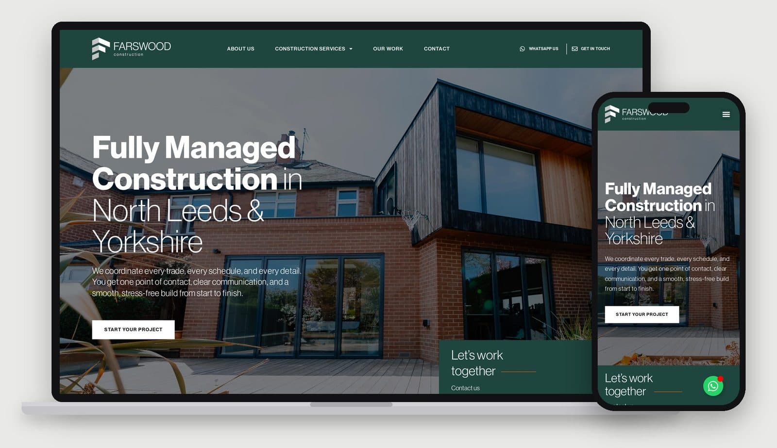 Farswood Construction website on a laptop and a phone